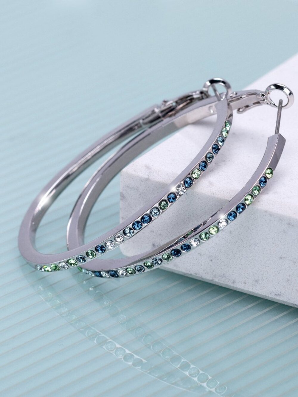 NWT Silver Oval Hoop Earrings With Blue Green Swarovski Crystals